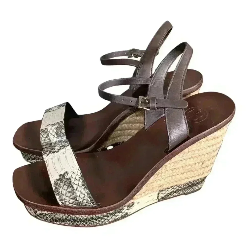 Tory Burch Espadrille Wedge Sandals Heels Leather Snake Women's 6.5 M